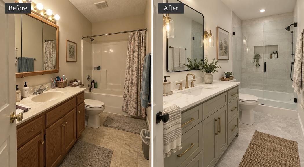 Bathroom transformation: updated vanity, tiling and shower enclosure