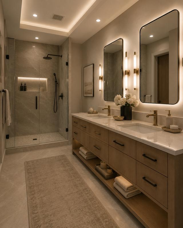 Modern bathroom: double vanity, glass shower and warm lighting