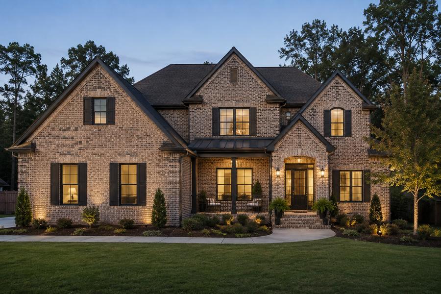 Home exterior: brick architecture with finished landscape details