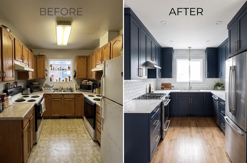 Kitchen modernization: deep navy cabinetry with fresh surfaces and fixtures