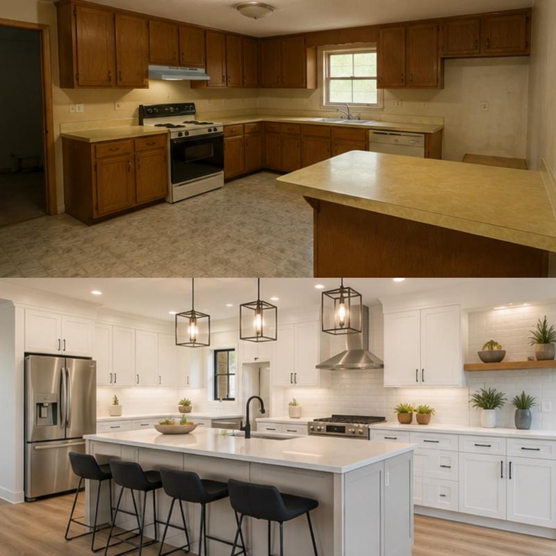 Kitchen transformation: open kitchen with updated appliances and an island