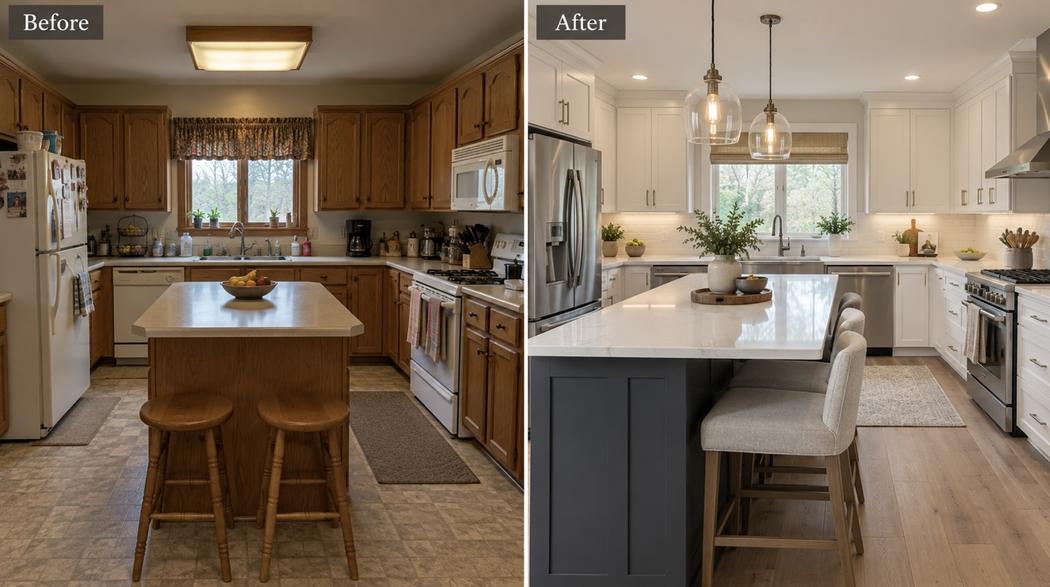 Kitchen renovation: bright white cabinetry, island and updated lighting