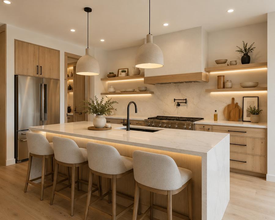 Contemporary kitchen: natural wood finishes, waterfall island and lighting
